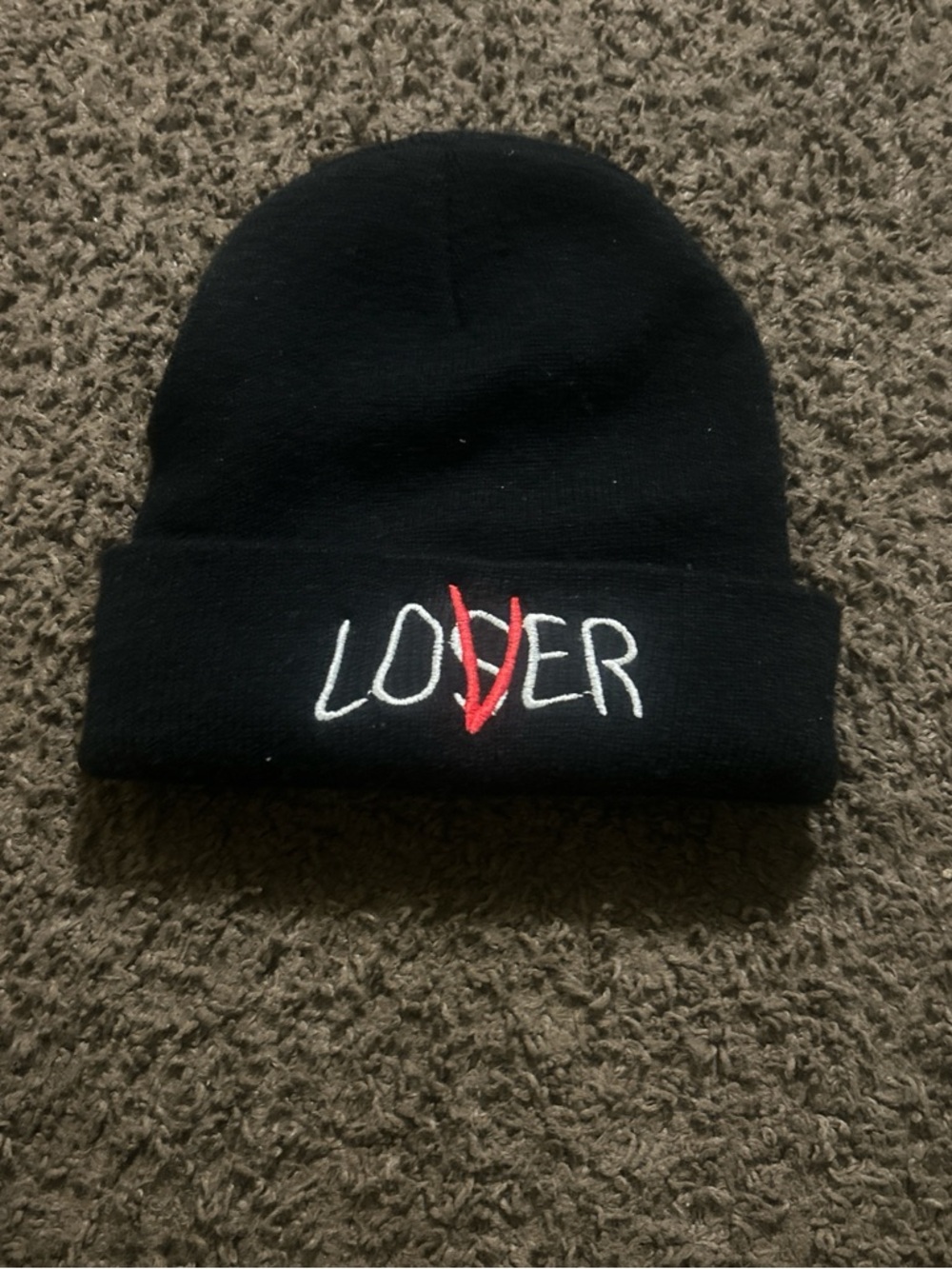 Black Embroidered "LOVER" Cuffed Beanie Hat